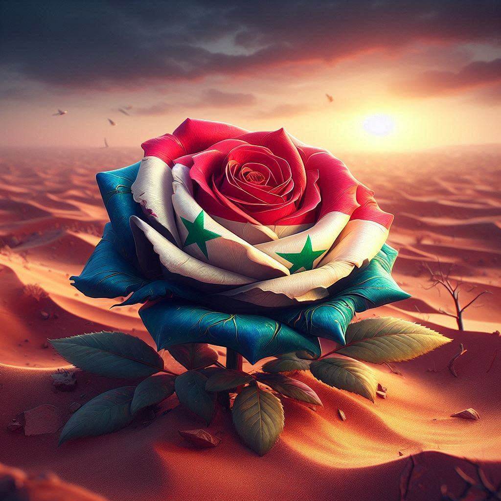 Una impresionante imagen de una rosa de Damasco floreciendo en el desierto, impregnada con los colores de la bandera siria, representando esperanza, unidad y libertad.