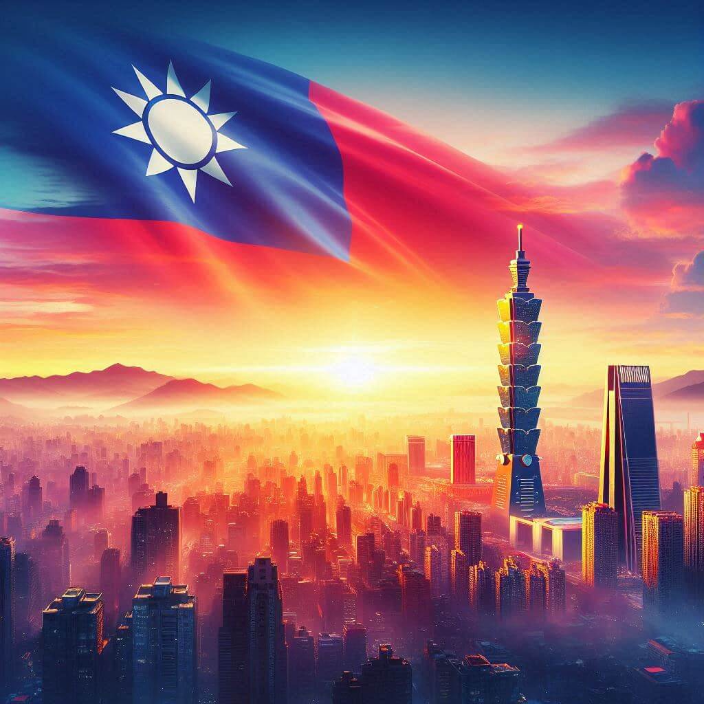 Vibrant sunrise over Taipei skyline, reflecting Taiwanese flag colors