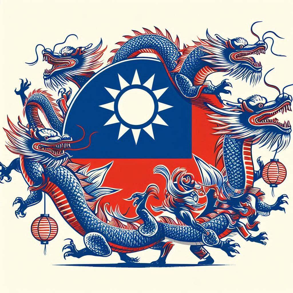 Traditional Taiwanese dragon dance scene with 'Blue Sky with a White Sun' emblem