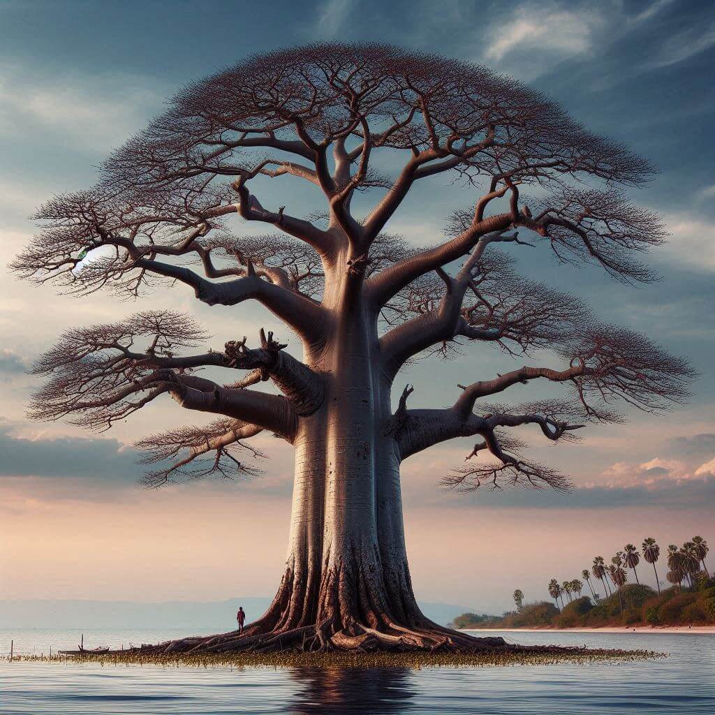 A majestic baobab tree standing tall on the shores of <b>Lake Victoria</b>, representing Tanzania's natural beauty and rich heritage