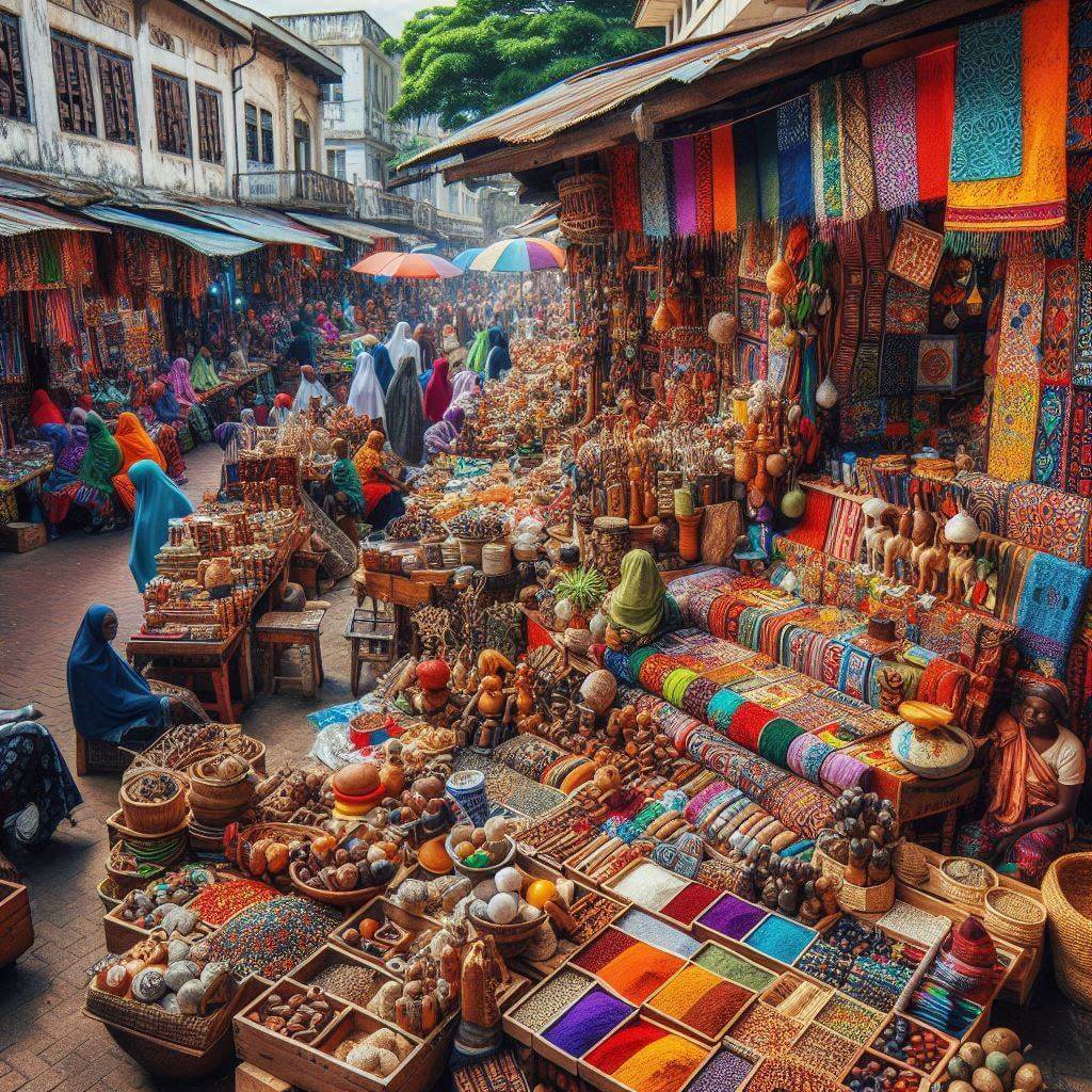 A vibrant market scene in Dar es Salaam, capturing the essence of Tanzania's diverse cultural heritage and rich traditions