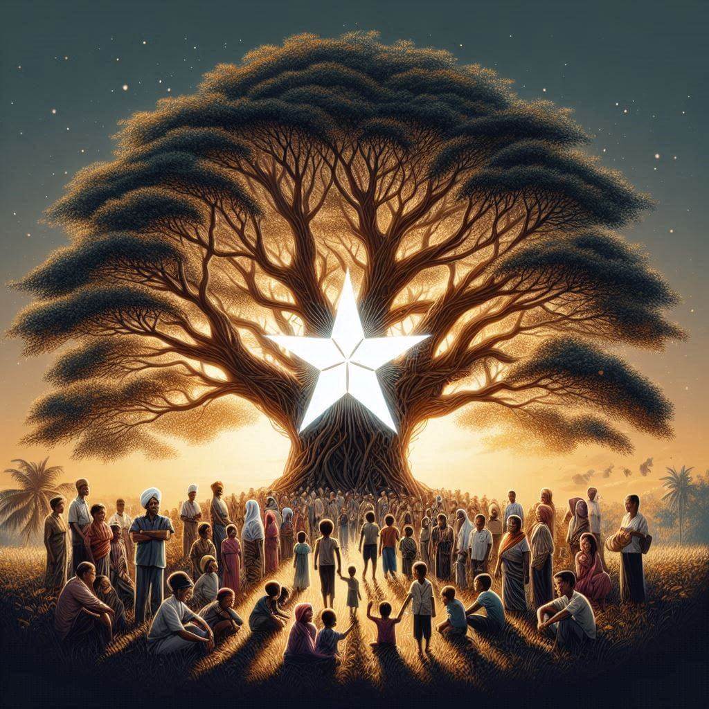 Timorese people from different generations and backgrounds gathering around a majestic tree, representing peace, unity, and hope for a better tomorrow