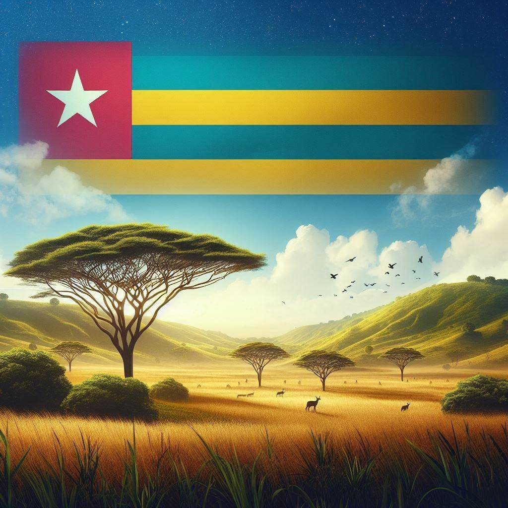 Majestic landscape of Togo's rolling hills and vast savannas, symbolizing freedom, unity, and natural beauty