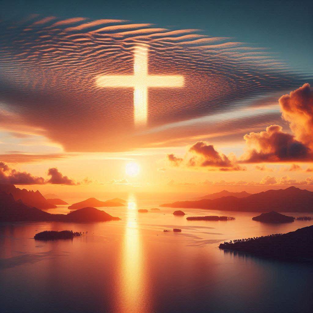 Paisaje polinesio idílico con una formación sutil de cruz cristiana