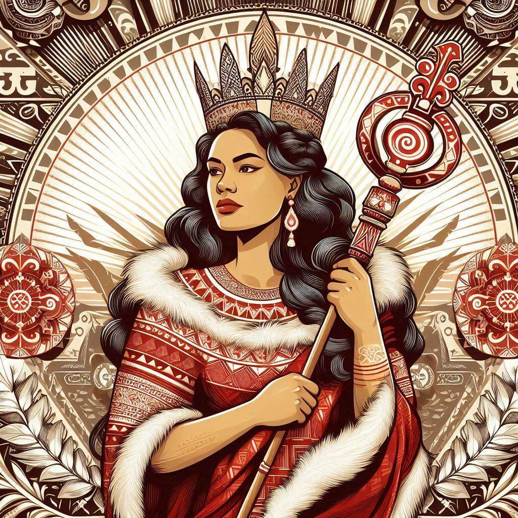 Monarca regio rodeado de símbolos culturales tonganos, transmitiendo soberanía y herencia