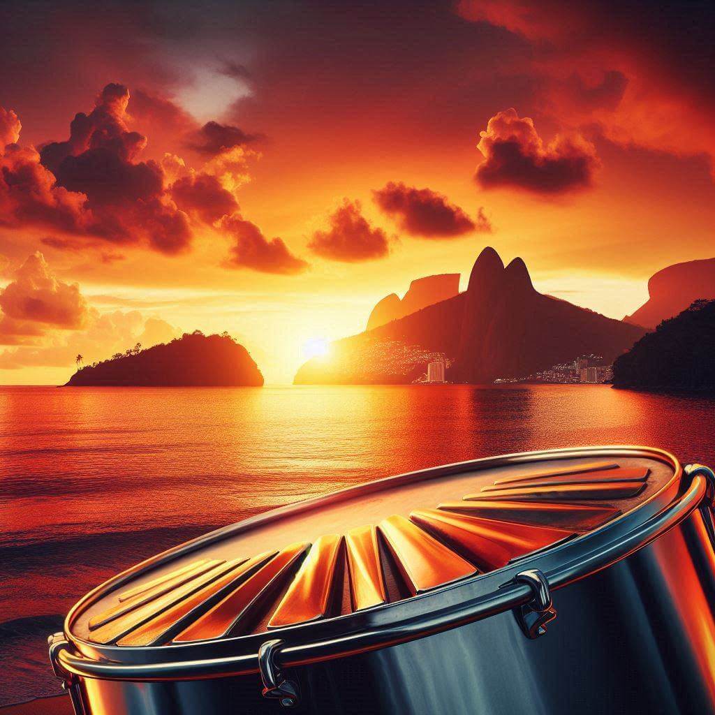 Conjunto de tambores steelpan contra una puesta de sol caribeña, simbolizando el patrimonio cultural de Trinidad y Tobago