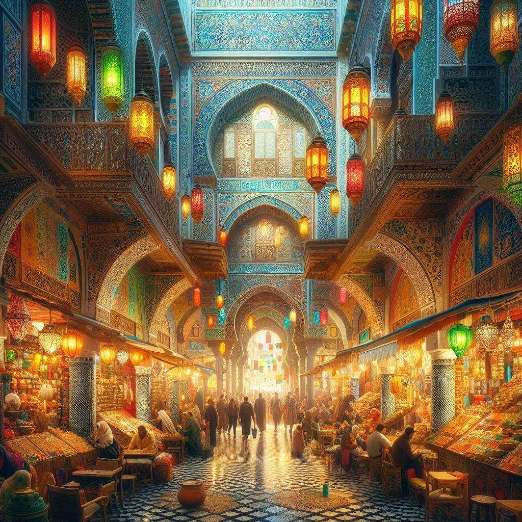Vibrante zoco tunecino con azulejos coloridos, linternas ornamentadas y actividad bulliciosa