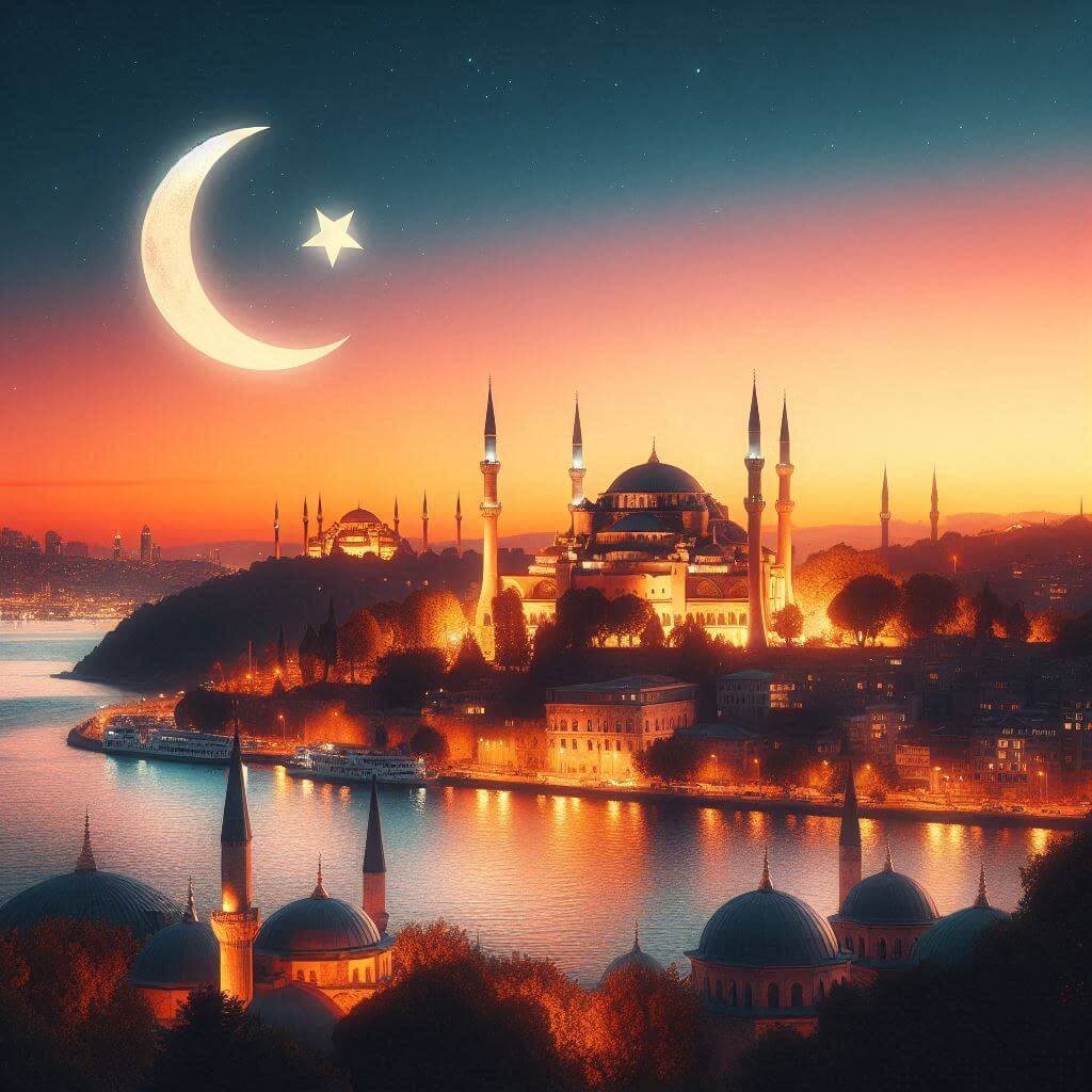 Paisaje vibrante de Estambul al atardecer con un toque del simbolismo de la bandera turca