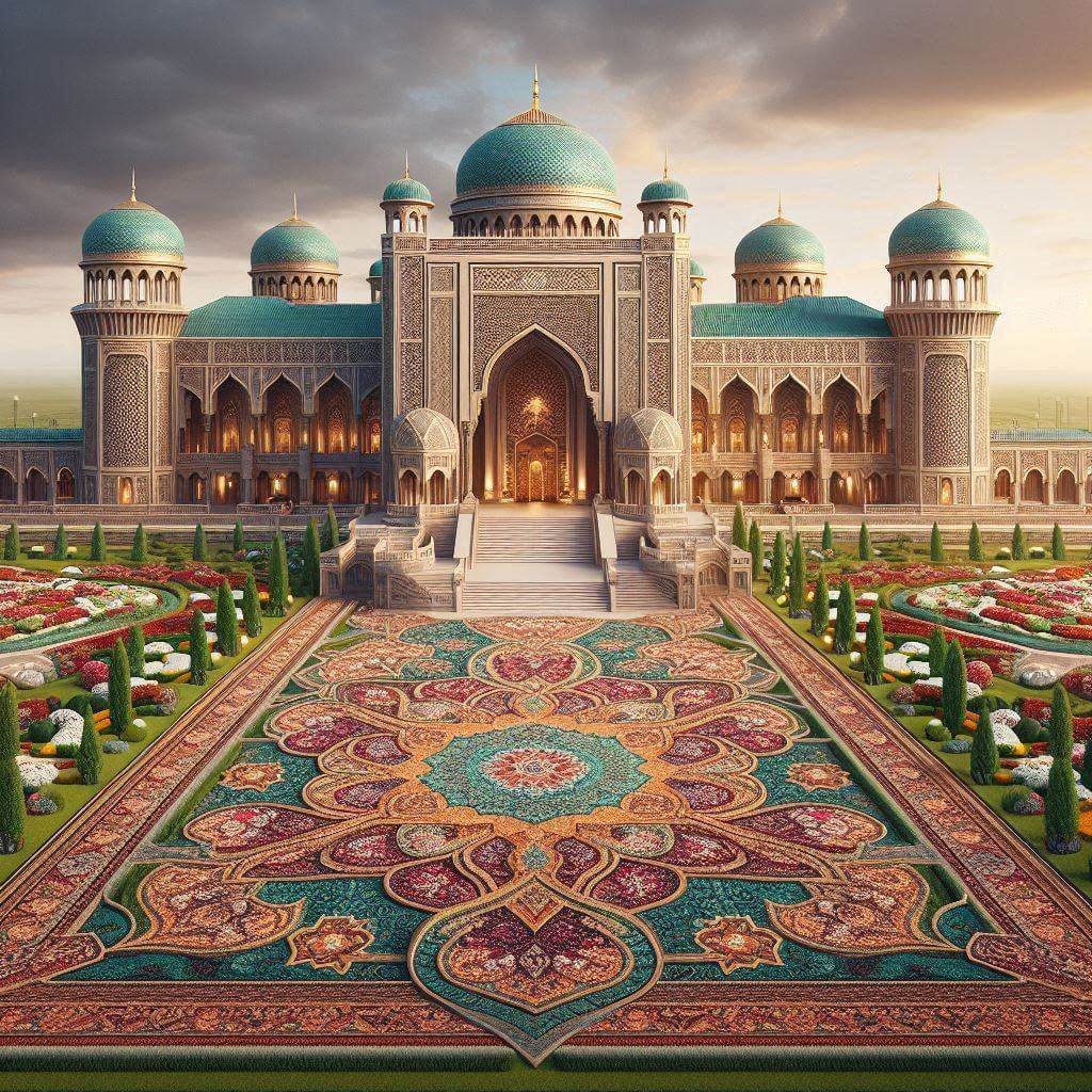 Majestic Turkmenistan palace with intricate patterns and carpet-like garden