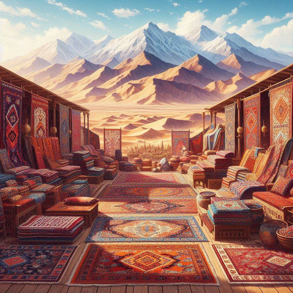 Escena vibrante de un mercado de Turkmenistán con alfombras y textiles coloridos