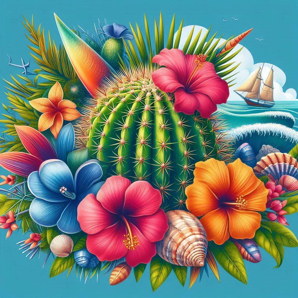Ilustración vibrante del Cactus Cabeza de Turco rodeado de flores locales y conchas marinas