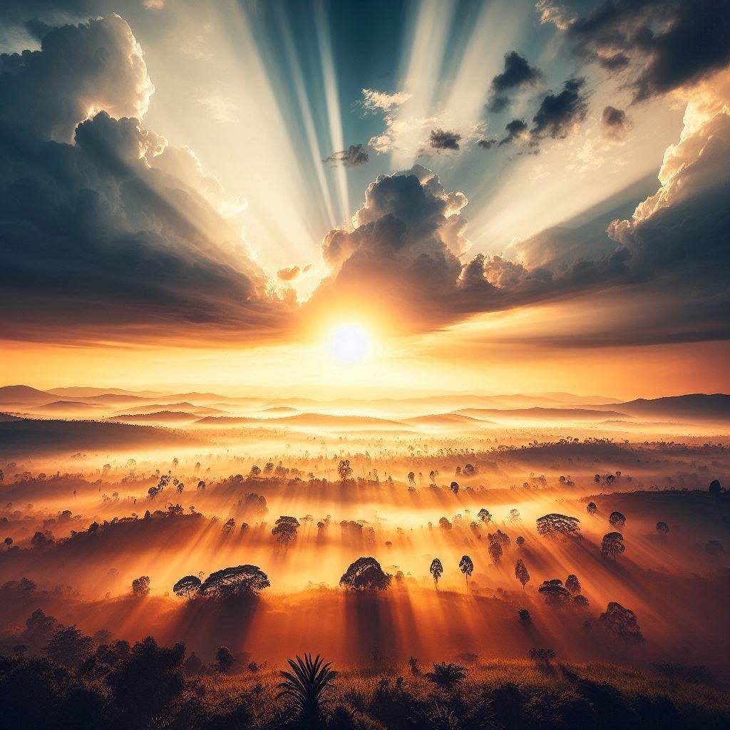 Impresionante amanecer sobre el paisaje ugandés, simbolizando la esperanza y la unidad