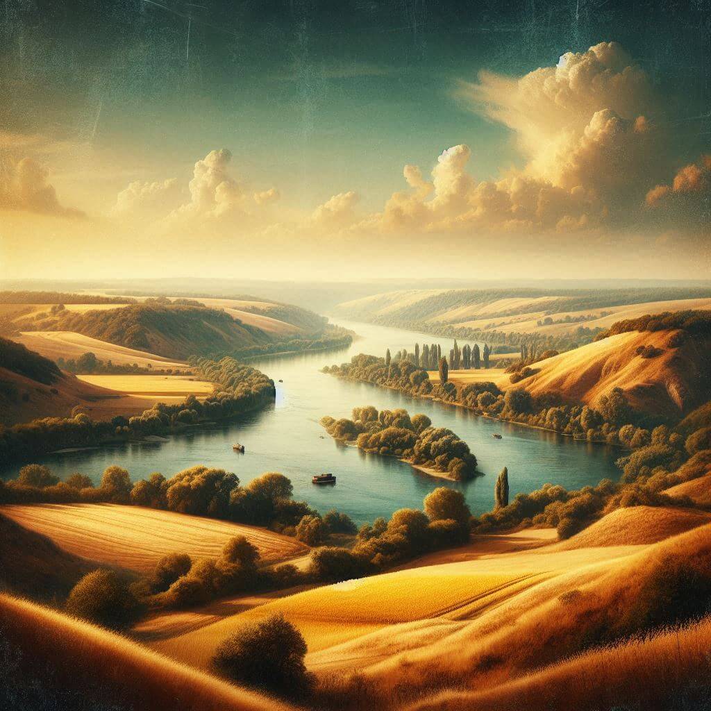 Scenic Ukrainian landscape featuring the Dnieper River, rolling hills, and golden fields, symbolizing Ukraine's rich history and cultural heritage