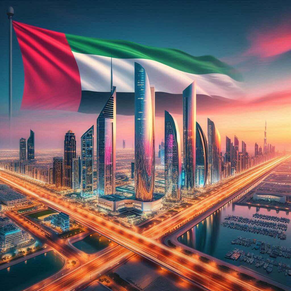 Impresionante paisaje urbano de Abu Dabi al atardecer, reflejando los colores de la bandera de los EAU y simbolizando el progreso y la sostenibilidad