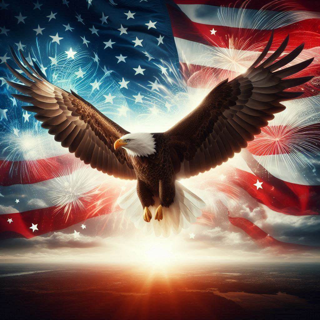 A majestic eagle soaring high in the sky, surrounded by a burst of red, white, and blue stars, symbolizing freedom and unity.