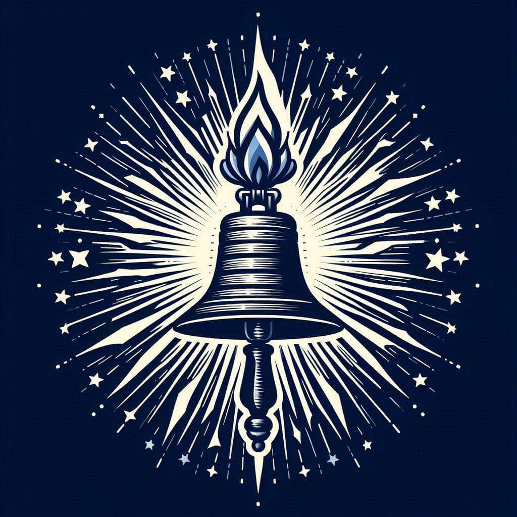 A stylized representation of the American dream, featuring a Liberty Bell-shaped torch surrounded by thirteen rays of light, each representing the original colonies.