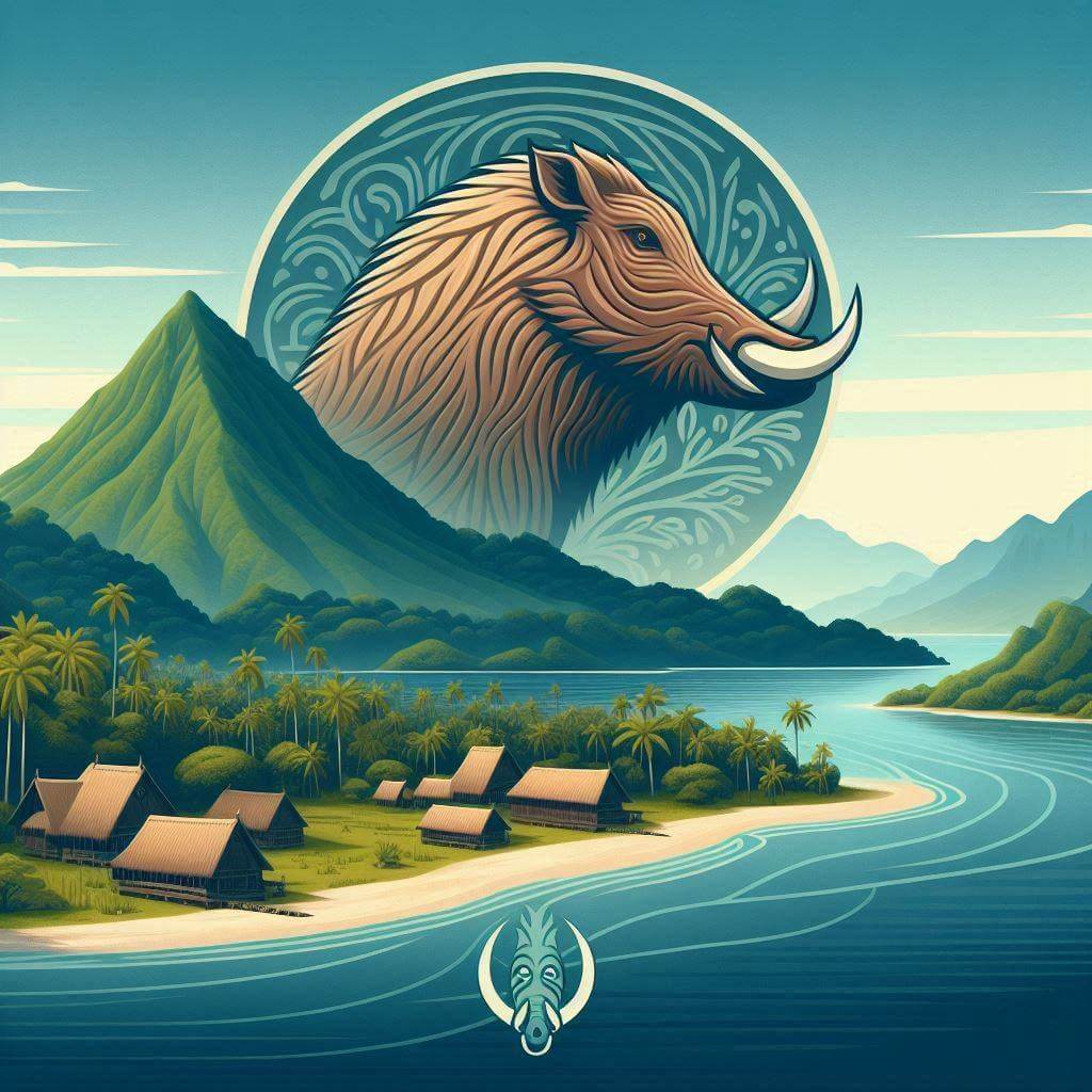 Peaceful Vanuatu island landscape with traditional village and boar's tusk emblem, representing the nation's cultural heritage and natural beauty.
