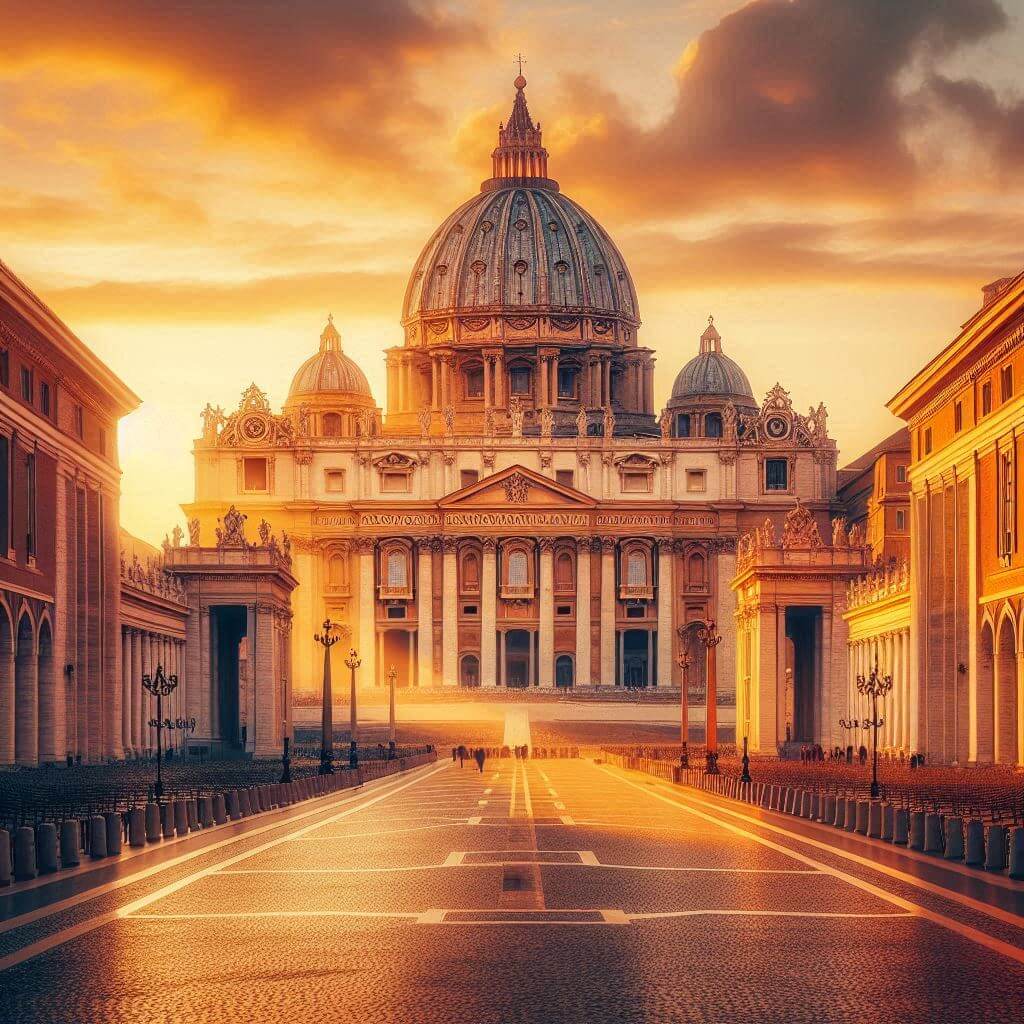 St. Peter's Basilica at dawn with the Vatican City flag waving proudly