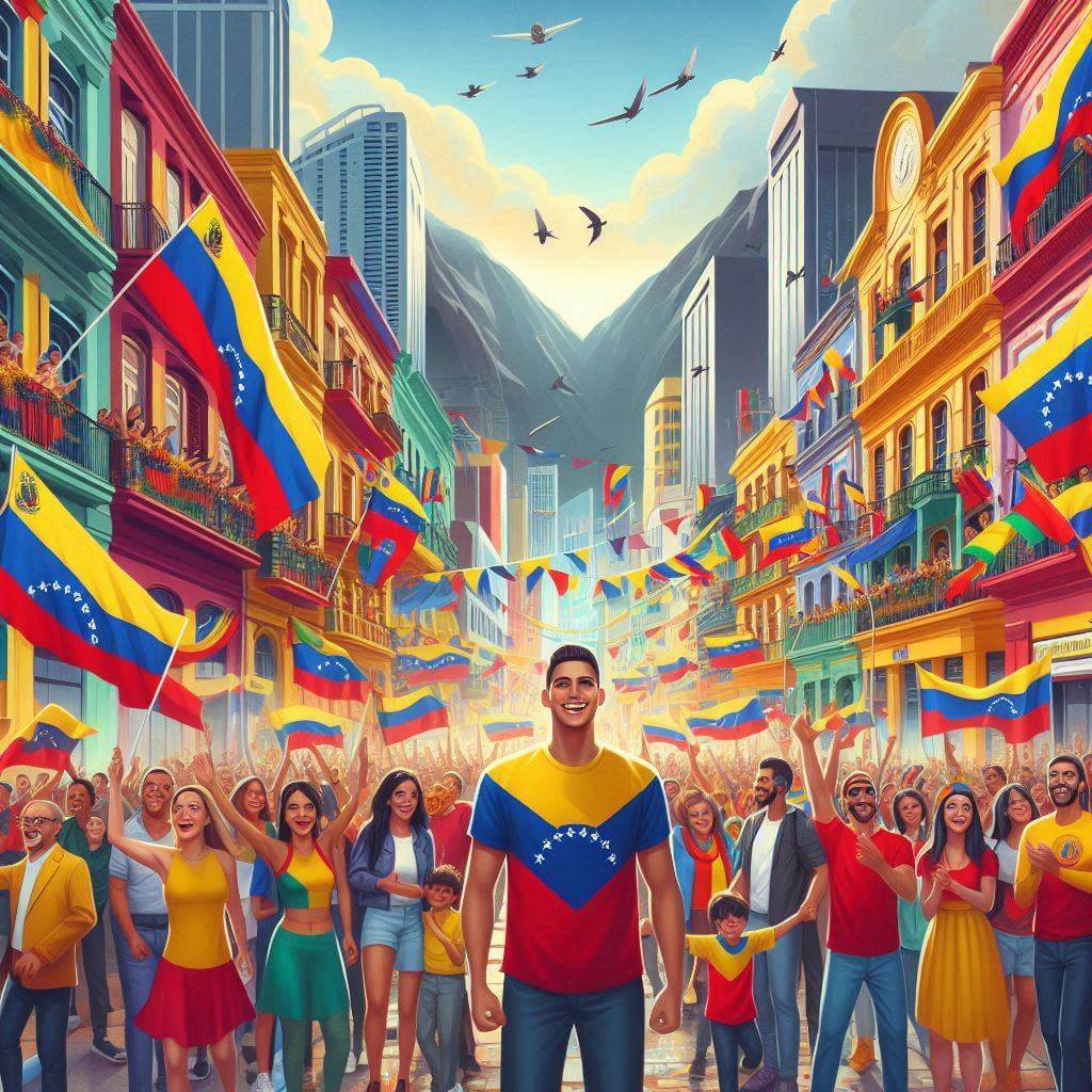 Vibrante celebración callejera en Caracas, mostrando la diversidad cultural y el orgullo nacional de Venezuela