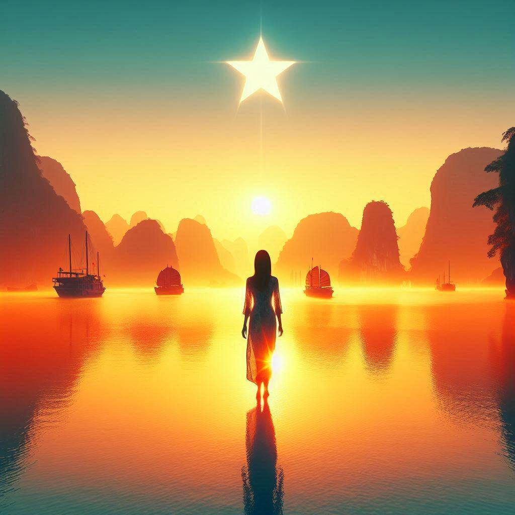 Ha Long Bay sunrise with a star silhouette, representing Vietnamese unity and hope