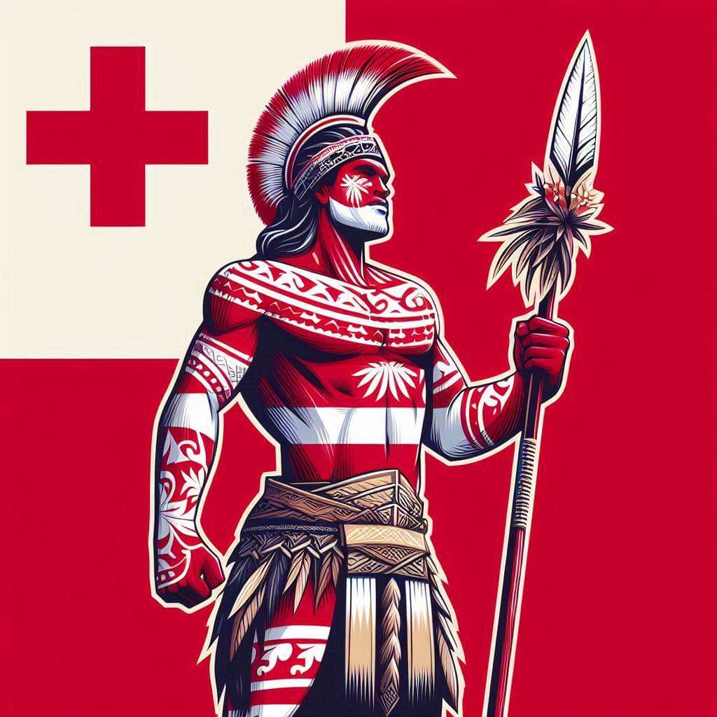 Vibrant illustration of a Polynesian warrior, blending the flag's colors and symbolizing the islands' cultural identity and martial history