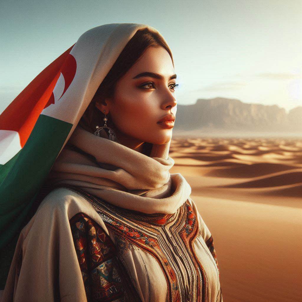 Una mujer saharaui resiliente simbolizando la lucha por la independencia en el paisaje desértico del Sahara Occidental