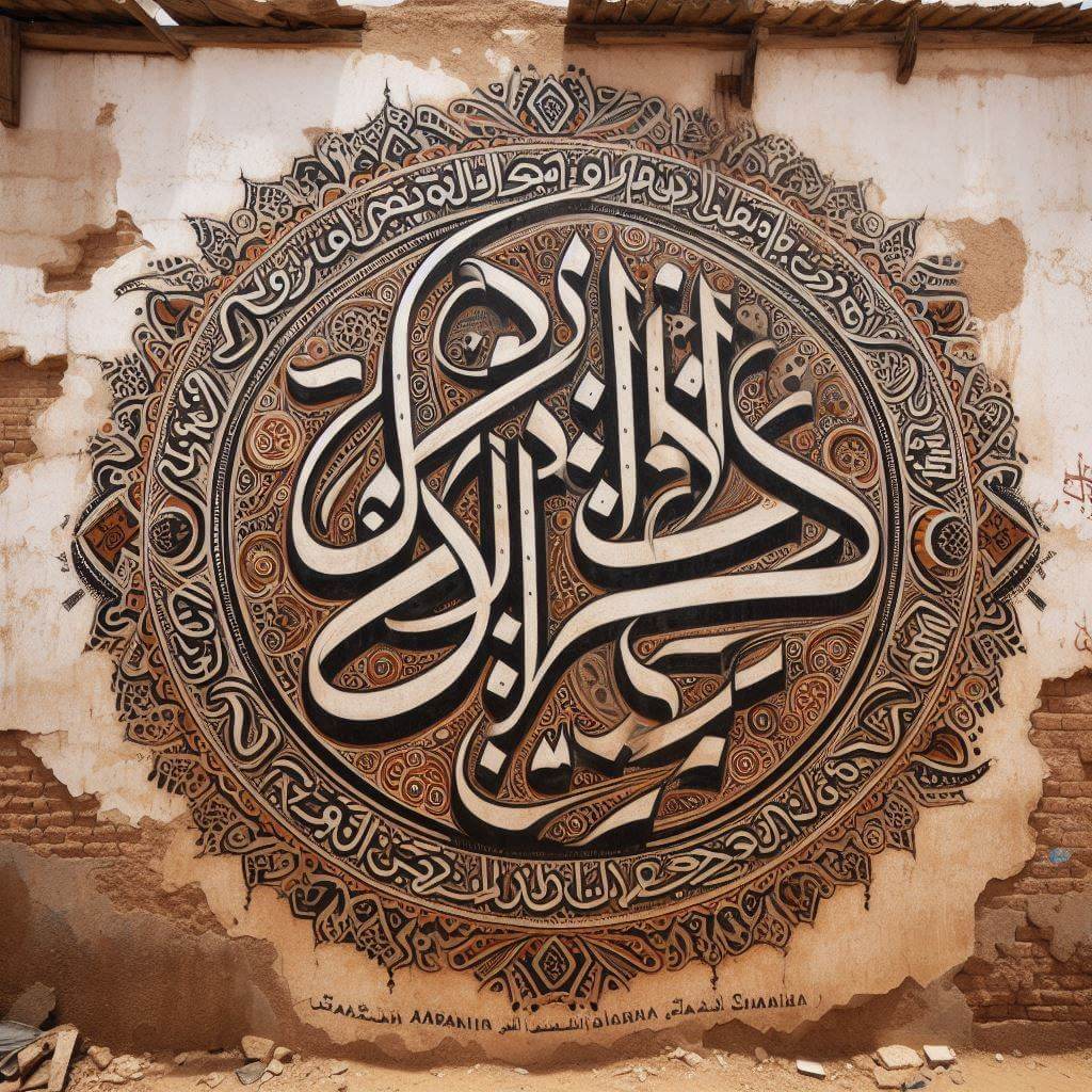 A vibrant Arabic calligraphy mural in a Western Sahara refugee camp, celebrating the nation's rich cultural heritage and struggle for independence