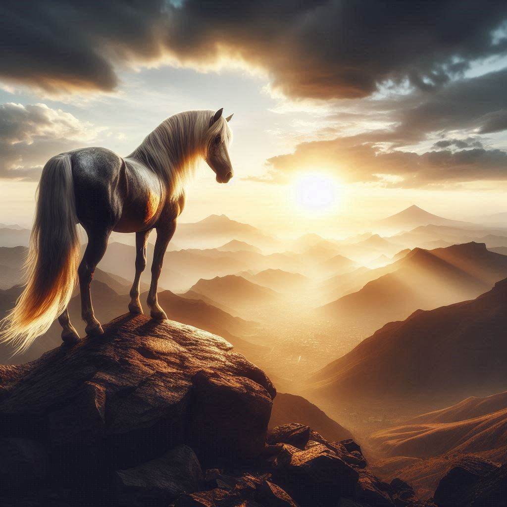 Majestic Arabian horse standing atop a Yemeni mountain, symbolizing strength and unity