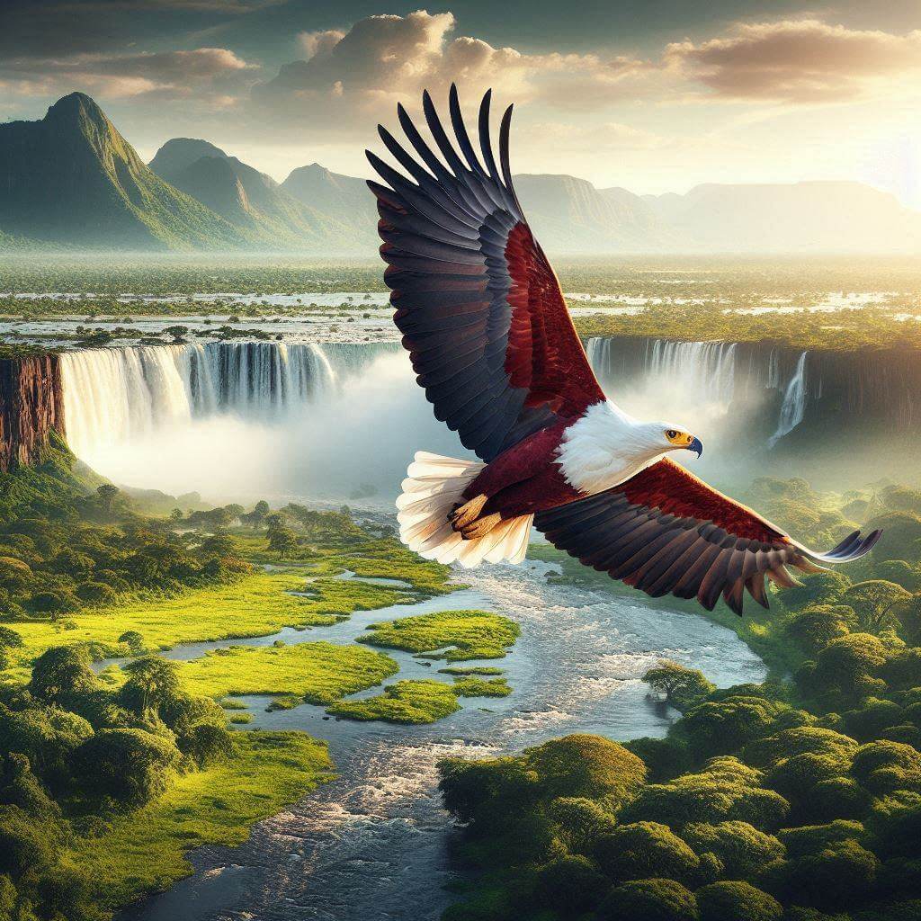 Majestuosa águila pescadora africana en vuelo sobre la sabana zambiana