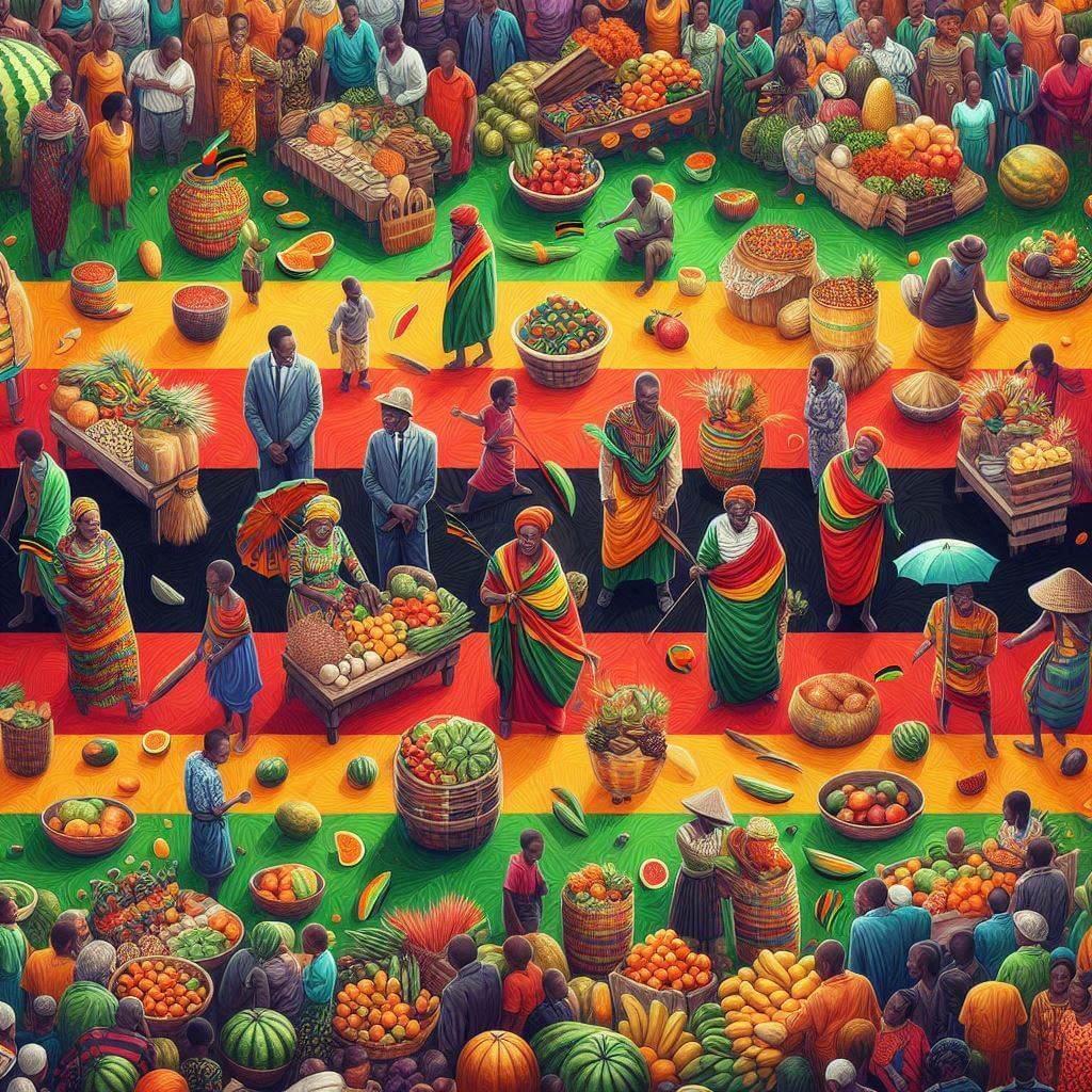 Escena vibrante de un mercado zambiano que muestra la diversidad cultural y el patrimonio tradicional