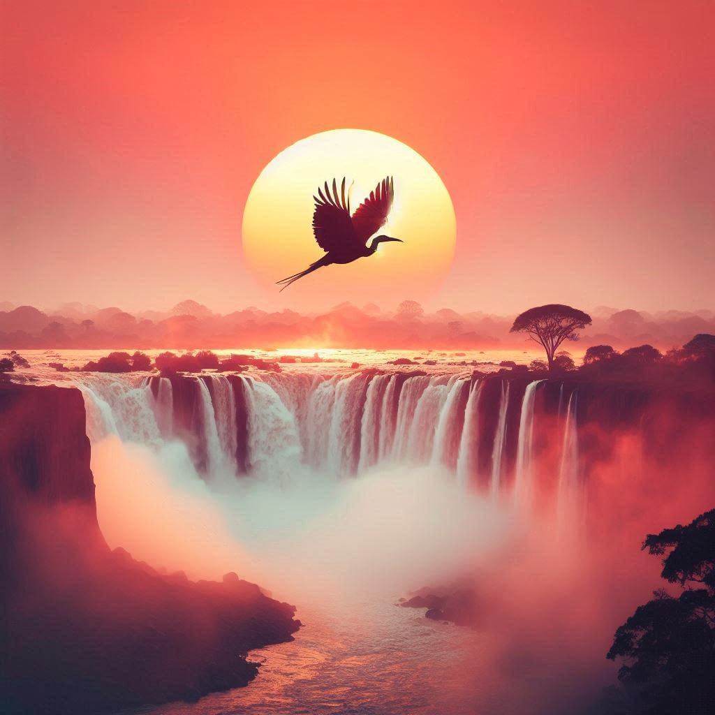 Majestic Victoria Falls sunset with a subtle hint of a Zimbabwe Bird silhouette in the mist.