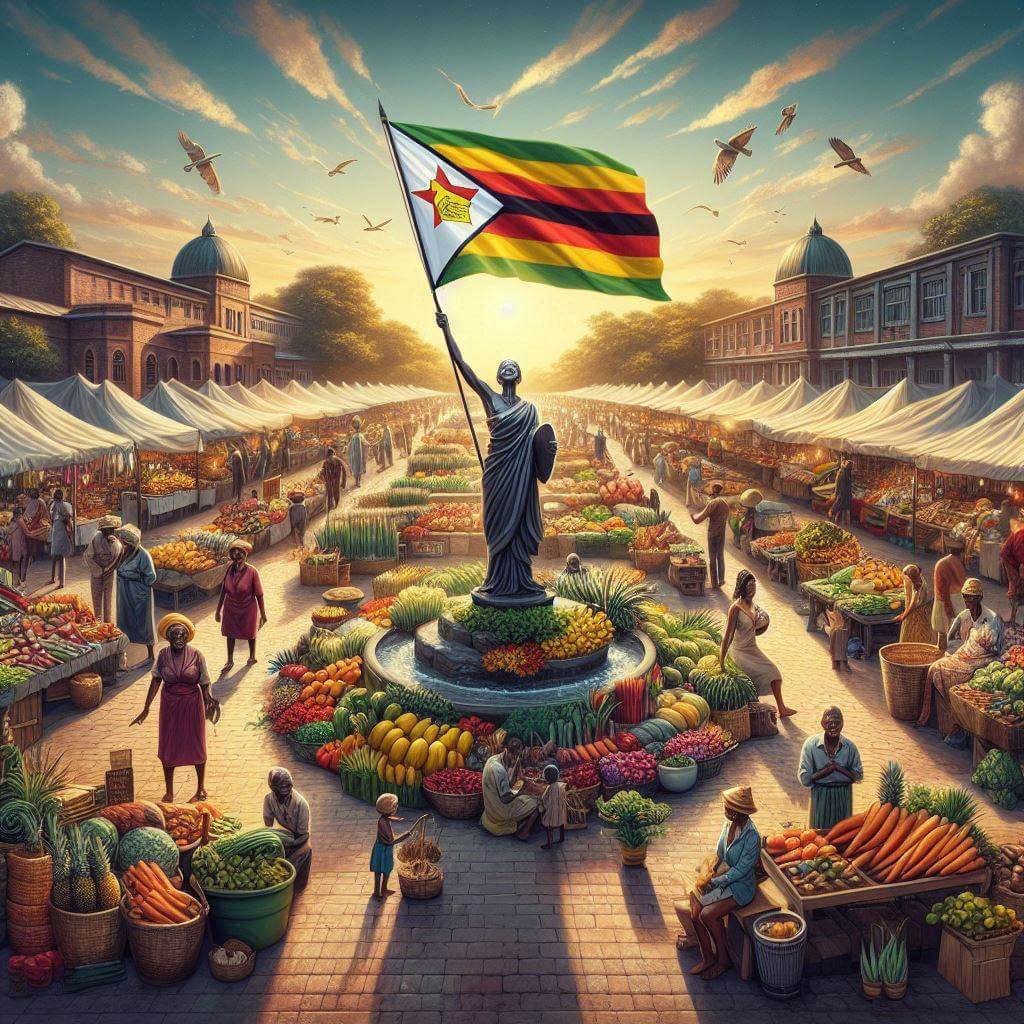 Vibrant marketplace in Harare with stalls showcasing local agricultural produce, artwork, and traditional crafts, surrounding a central figure proudly holding a Zimbabwean flag.