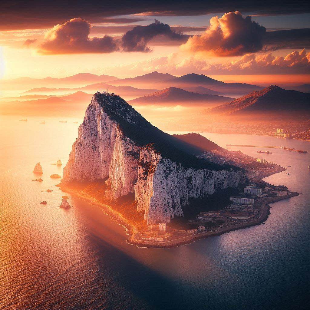 Panoramic view of the Rock of Gibraltar at sunset, representing the territory's strategic importance and rich history.