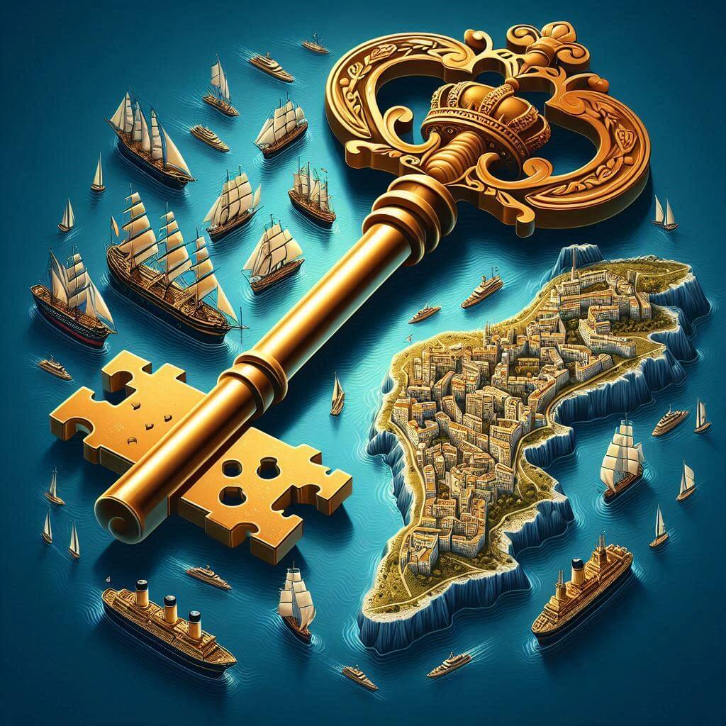 Stylized illustration of a golden key unlocking a map of the Mediterranean, symbolizing Gibraltar's crucial role in naval strategy and trade.