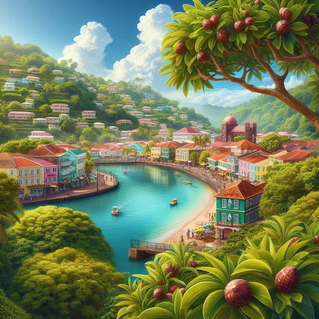 A picturesque image of St. George's, Grenada, with lush green vegetation, nutmeg trees, and colorful buildings, conveying the island's vibrant spirit and rich cultural heritage