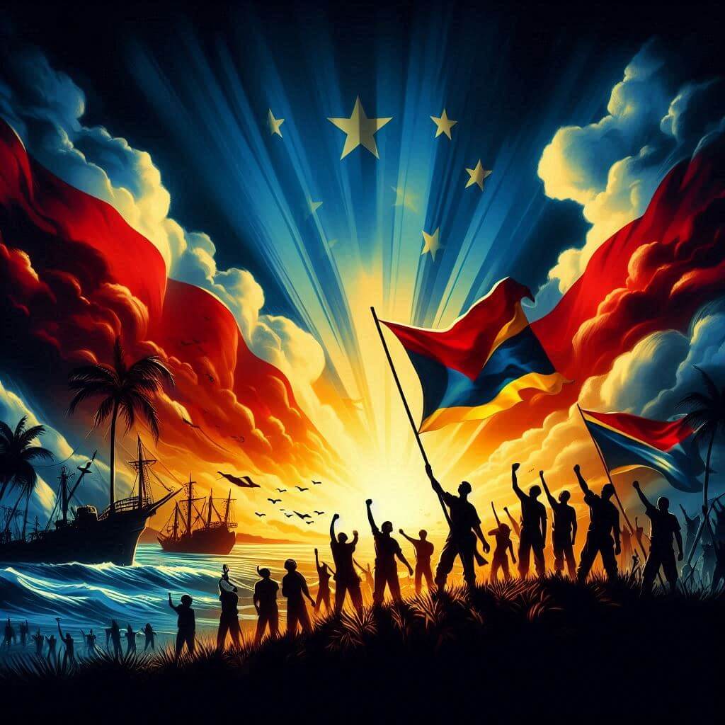 An artistic depiction of the struggle for freedom and independence, featuring a dramatic sunset on the Grenadian coast, with silhouettes of people waving flags and celebrating, symbolizing the nation's journey to sovereignty and national pride