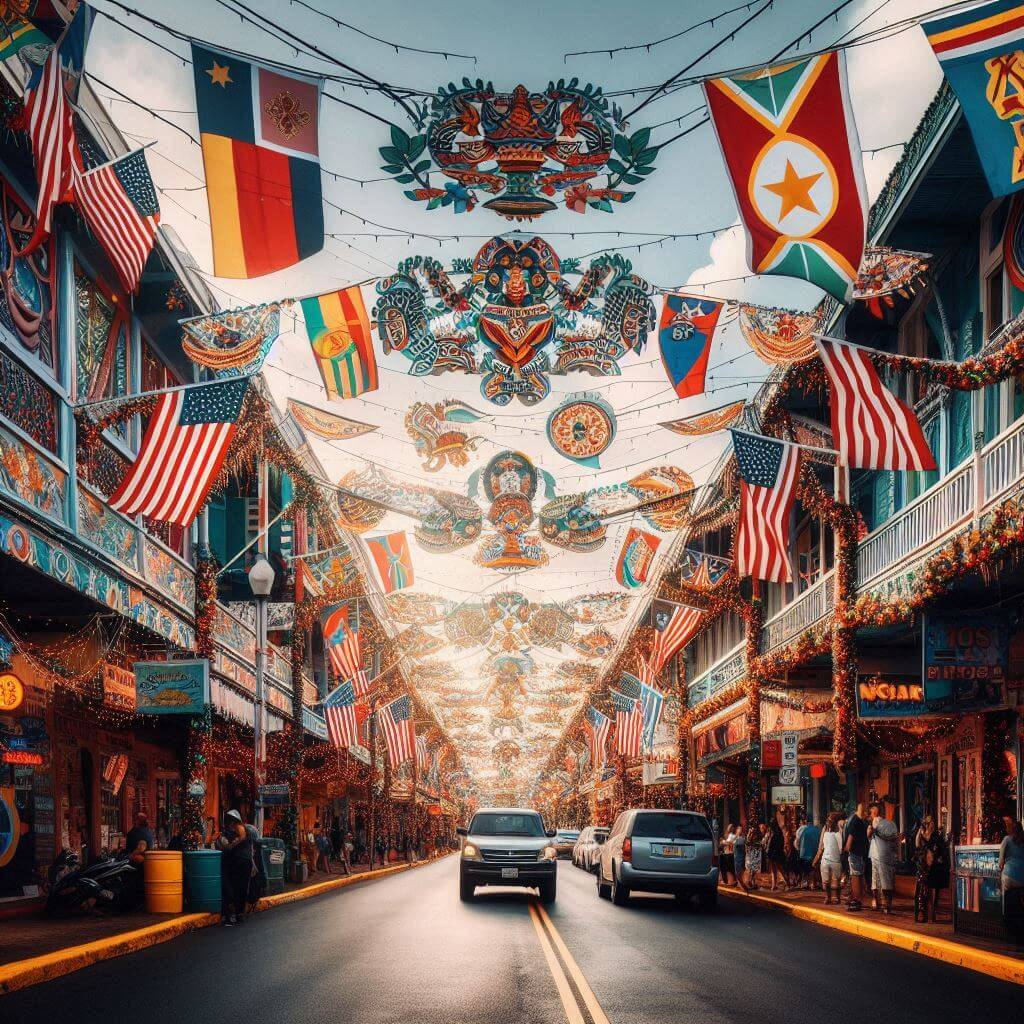 A vibrant street scene in Hagåtña, Guam's capital, with festive decorations and flags waving, capturing the island's cultural pride and unity