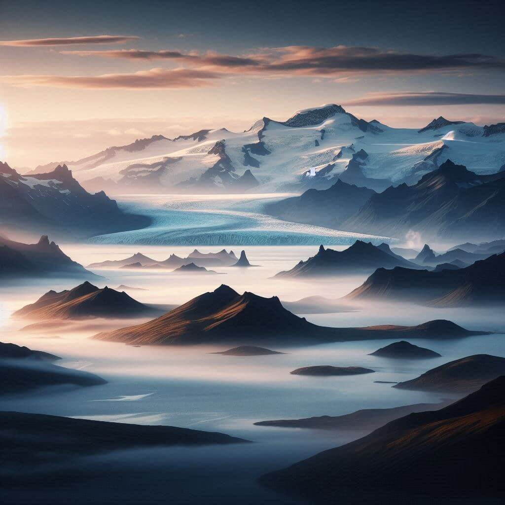 Majestic Icelandic landscape at dawn, symbolizing the country's natural beauty and geological forces