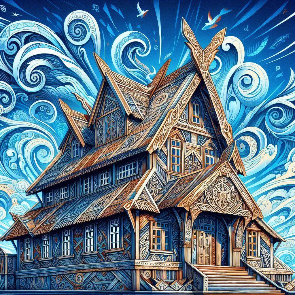 Stylized representation of Iceland's cultural heritage, featuring a Nordic-inspired wooden longhouse and vibrant sky