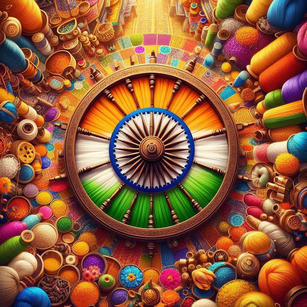 Spinning wheel in a vibrant Indian market, symbolizing self-reliance and independence, surrounded by traditional Indian fabrics, spices, and flowers