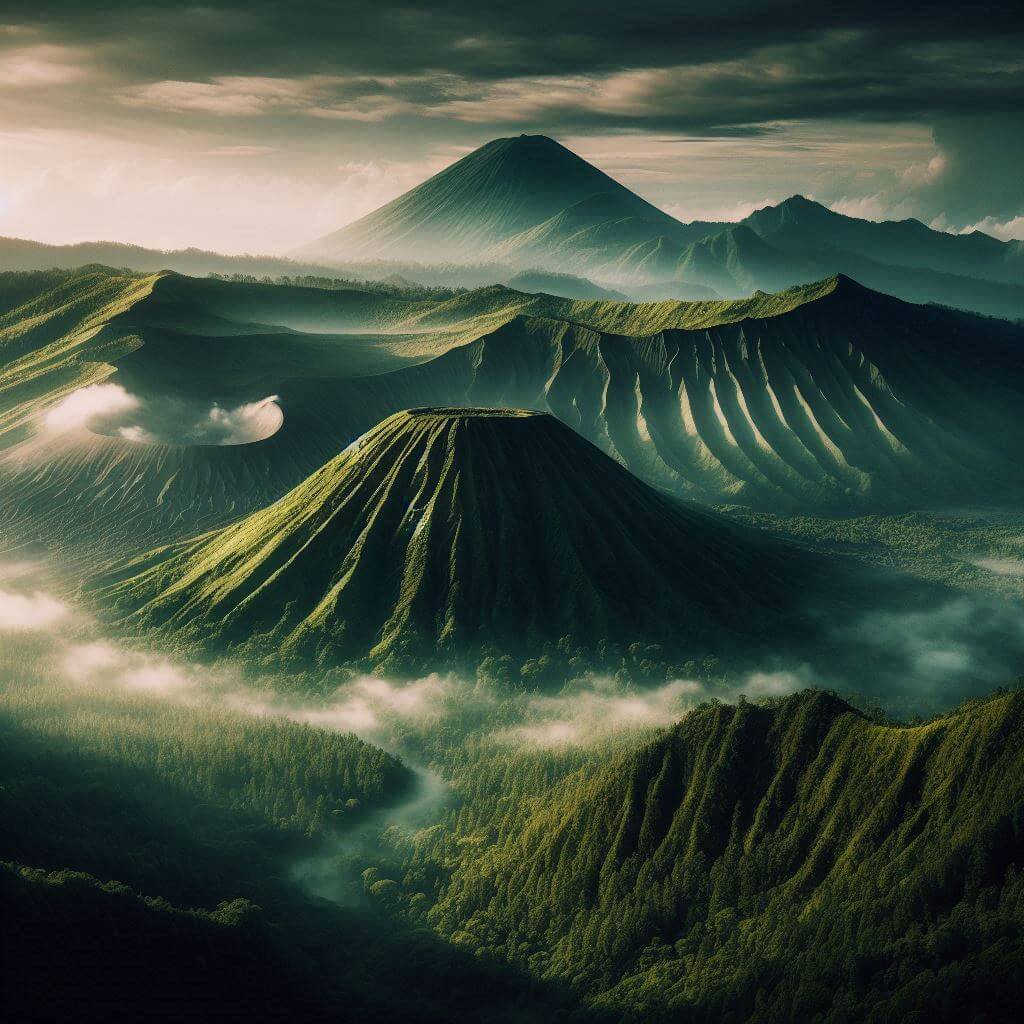 Scenic Indonesian volcanic landscape with lush green forest and misty atmosphere