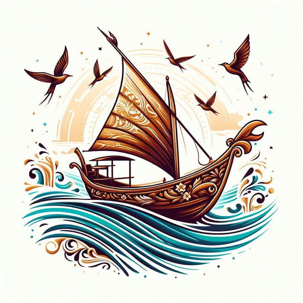 Vibrant and intricate illustration of an Indonesian wooden boat sailing through calm waters, surrounded by birds and sea creatures