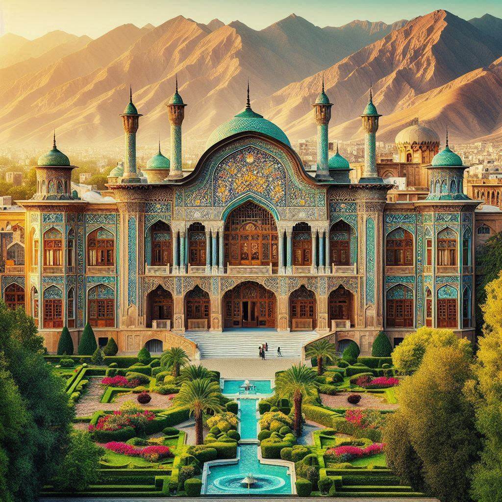 A majestic Persian palace with intricate architecture and vibrant greenery, symbolizing <b>Iran</b>'s rich cultural heritage