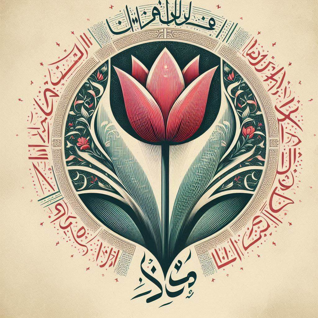 A stylized illustration of a <b>tulip</b>, surrounded by Arabic calligraphy and subtle <b>Islamic</b> patterns, representing the national emblem and <b>Iran</b>'s strong <b>Islamic</b> identity