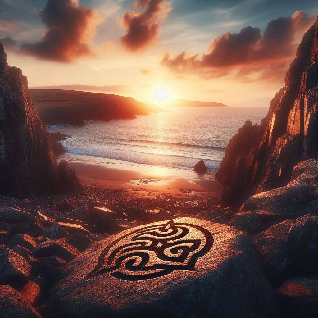 Rugged coastline of the Isle of Man at sunset with a hint of the triskelion symbol