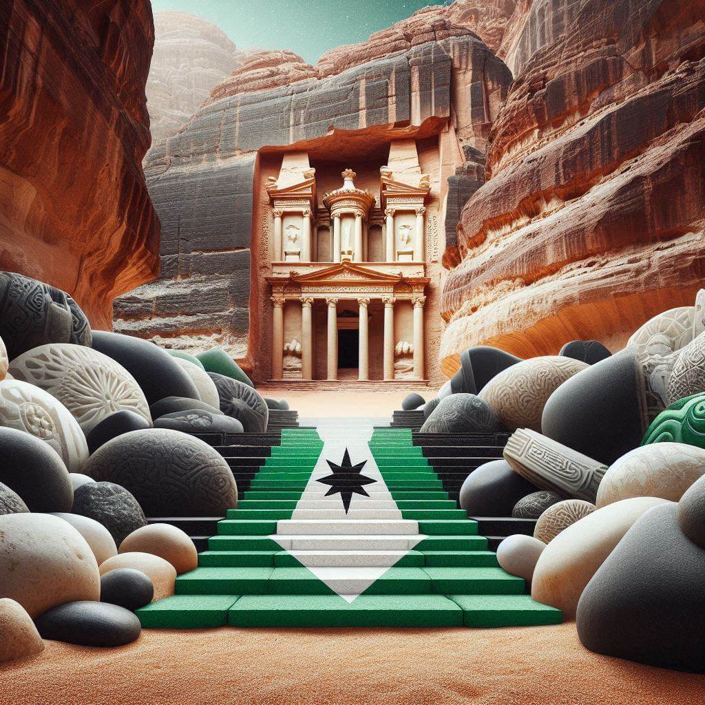 Ancient Petra-like structure with a staircase of green, white, and black stones leading up to a shining seven-pointed star