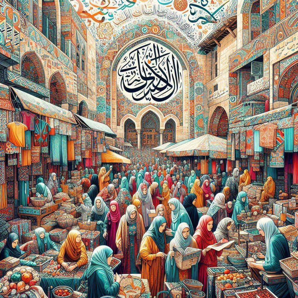 Vibrant market scene in Amman with colorful stalls and people in traditional attire, surrounded by Arabic calligraphy and patterns