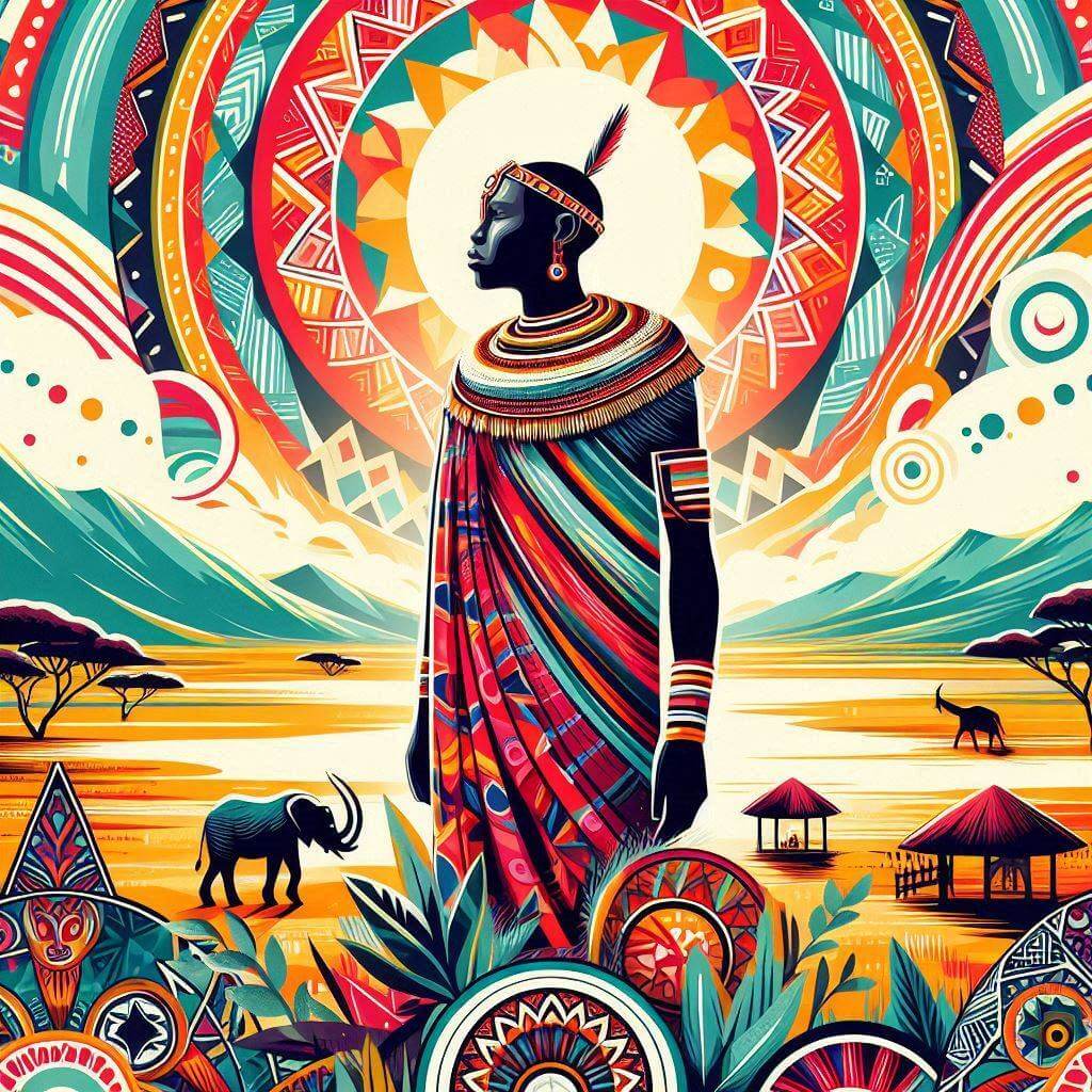 Vibrant image of a Maasai warrior in the Kenyan savannah, symbolizing national pride and cultural heritage