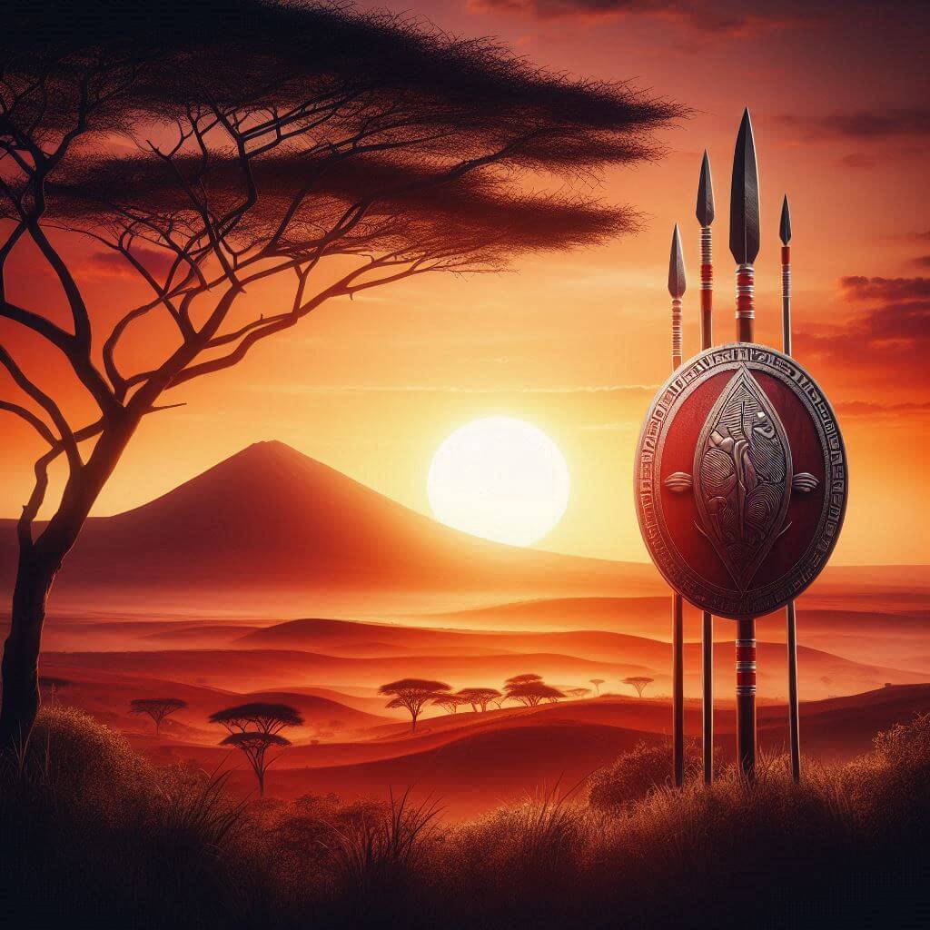 Breathtaking image of an African sunset with Maasai shield and spears, representing Kenya's struggle for independence and cultural heritage