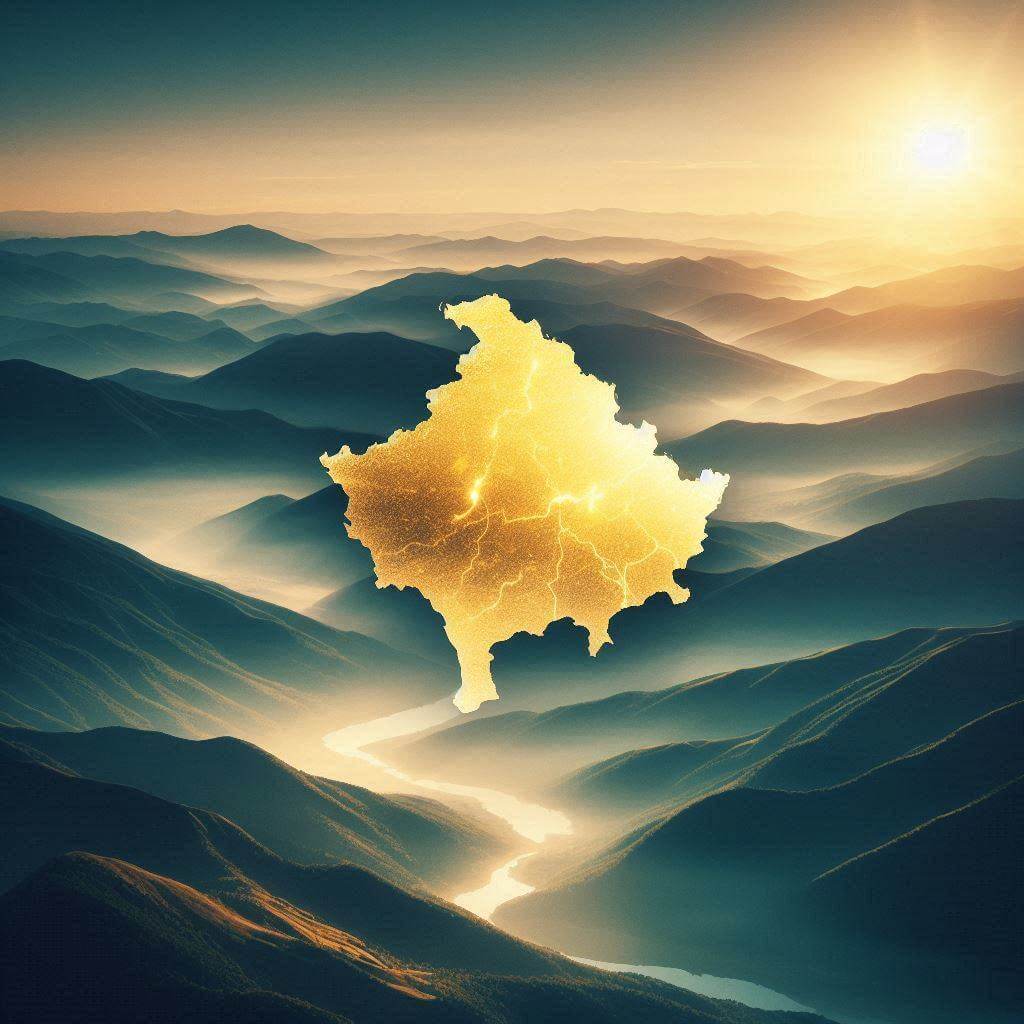 Kosovo mountains at sunrise with a subtle overlay of a golden map, symbolizing independence and unity